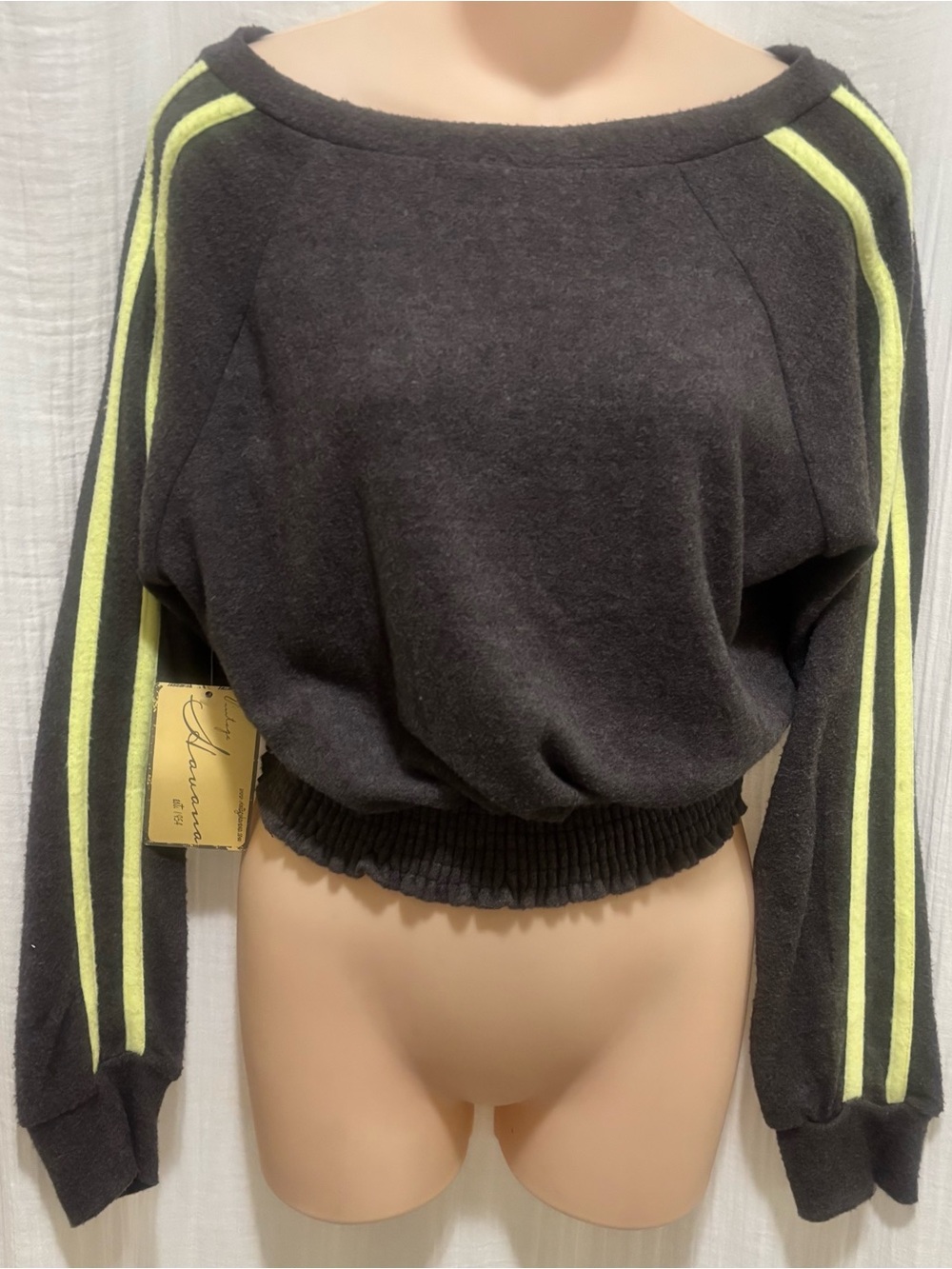 NWT Vintage  Havana Women's Pullover Sweater Boat Neck Crop Gray/Green Stripe S